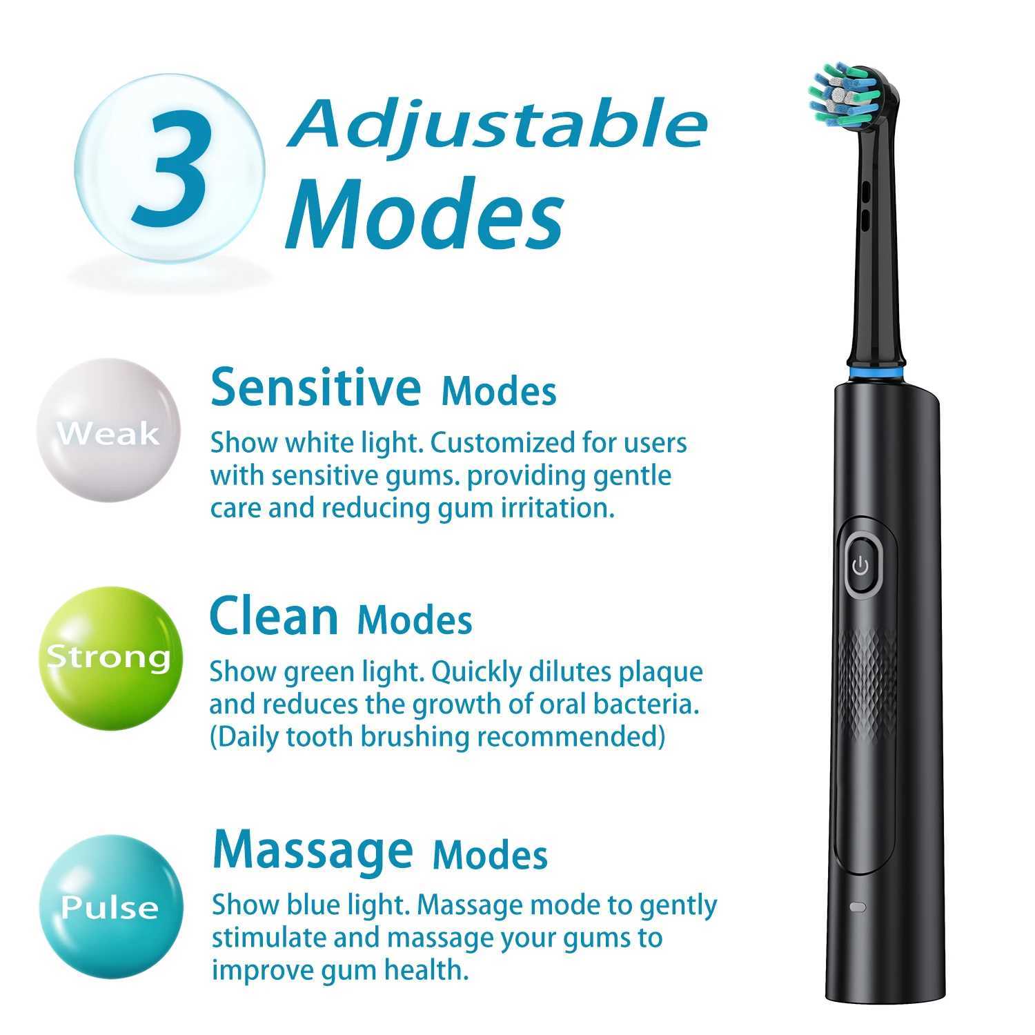 Rotating Electric Toothbrush With 3 Modes 2 Min Smart Timer 8 Heads 2 Caps Rechargeable USB Oral Care Y240827