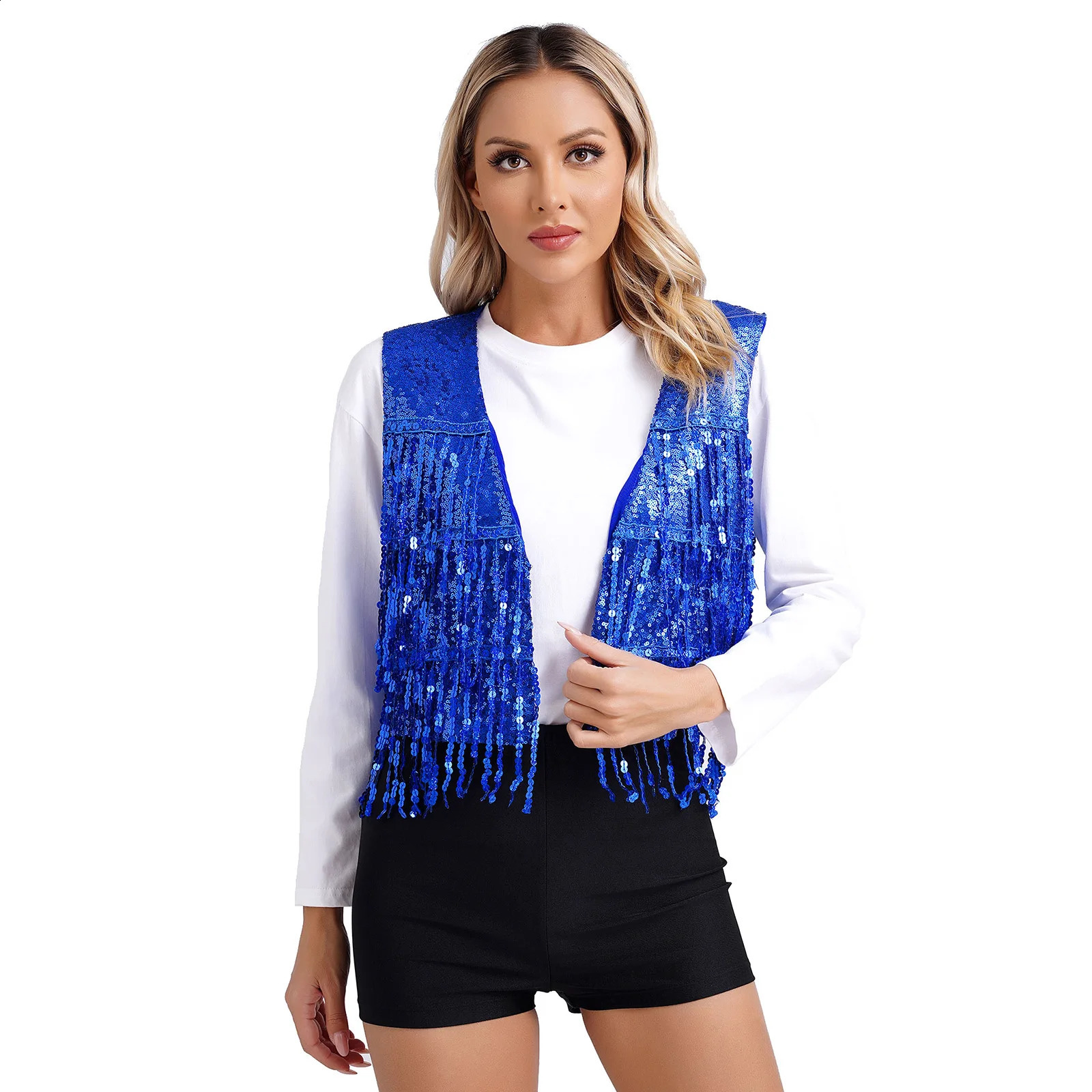 Womens Christmas Music Festival Carnival Party Vest Sparkling tassel Sleeveless V-neck Belt for Jazz Pole Dance Club Costume 240828
