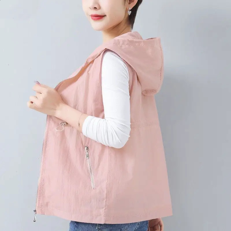 Spring/Summer Sleeveless Zipper Office Tank Top Solid Loose Pocket Casual Top T-shirt Retro Fashion Womens Wear 240828