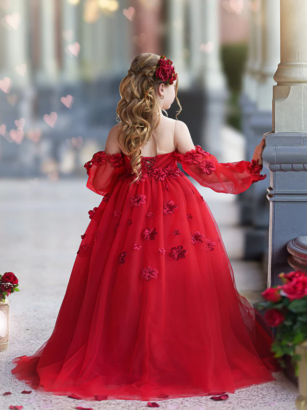 Princess Red Weddings Flower Girl Dresses Sheer Jewel Ball Gown Kids Birthday Party Gowns Off The Shoulder Formal Kid Dress