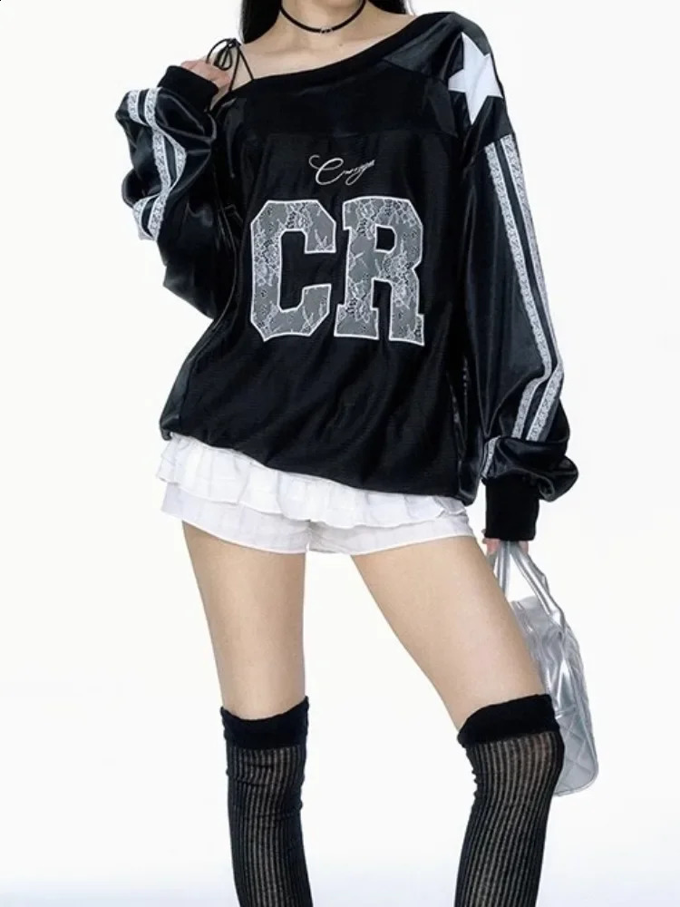 Deeptown Streetwear Y2k Graphic Sweatshirts Women Aesthetic Off Shoulder Lace Hoodies American Vintage Oversize Long Sleeve Tops 240827