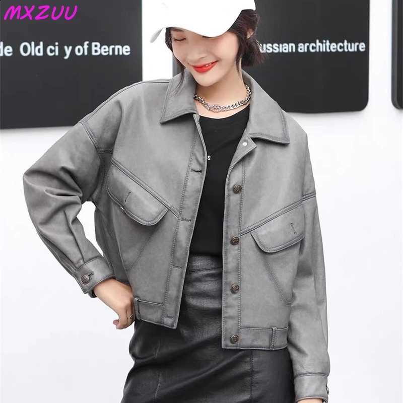 Khaki leather jacket winter coat womens sheepskin short casual full matching show thin motorcycle small Chaqueta Jassen women 240827
