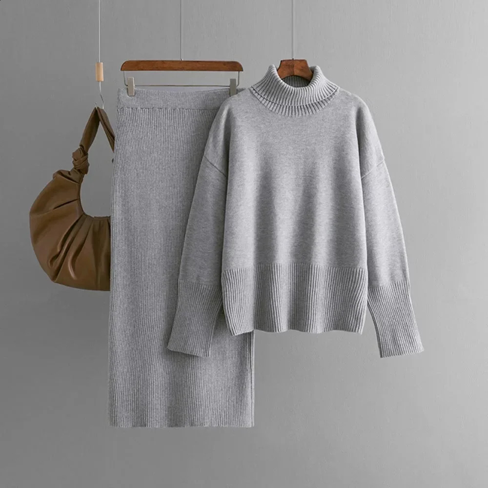 Circyy Knitted Skiing Set Womens Two Piece Turtle Neck Pulling Flower Long Sleeve Sweater Autumn Black Jumper 240827