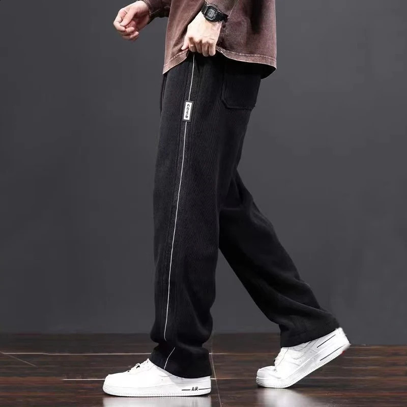 Spring/Summer Casual Pants Mens Solid Striped Elastic Waist Patch Work Drawstring Pocket Versatile Straight Trousers 240828