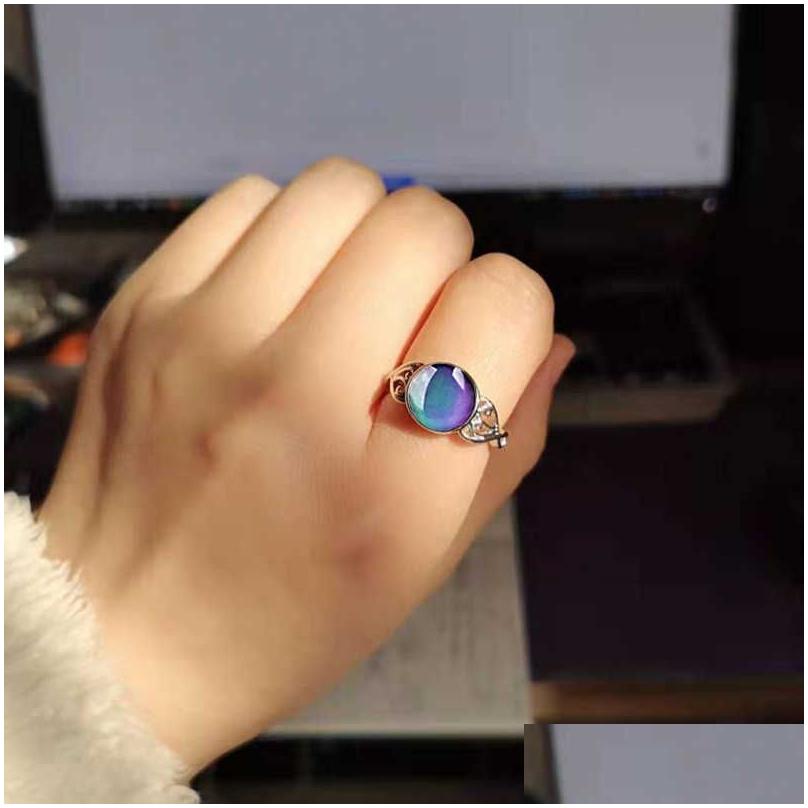 Band Rings Vintage Change Mood Ring Round Temperature Control Color Emotion Feeling Changeable Women Retro Casual Party Jewelry Drop D Otrut