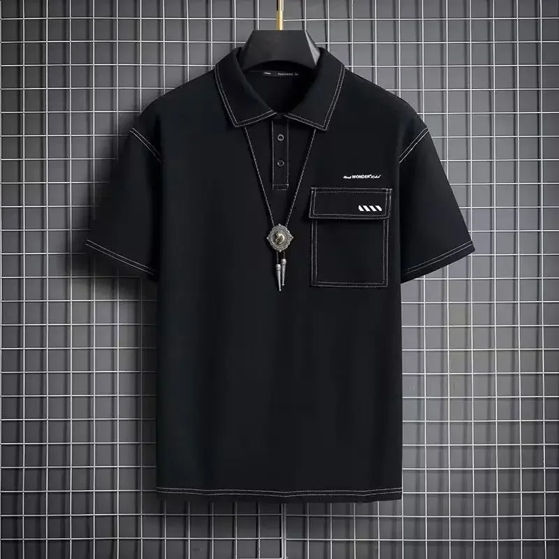 Mens Tshirt collar embroidered polo shirt loose top mens clothing short sleeved casual Kpop 240828