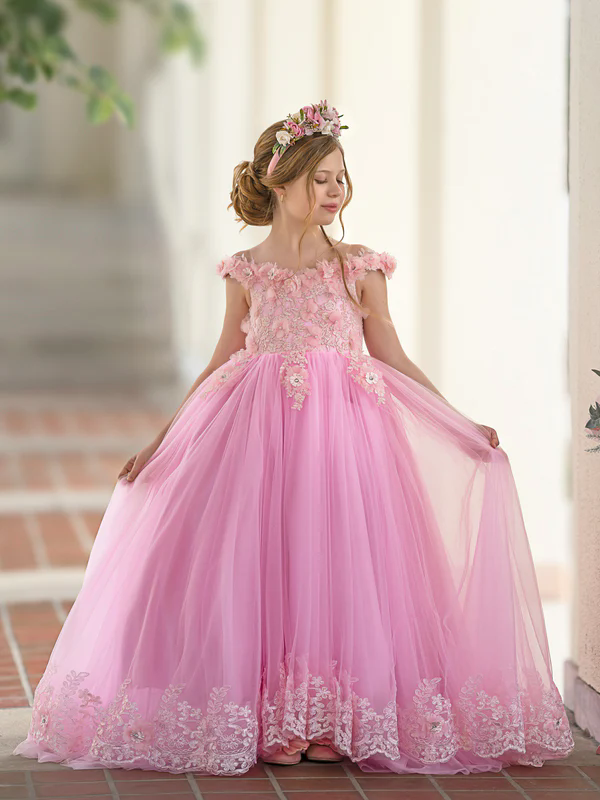 Princess Pink Wedding Flower Girl Dresses Sheer Cap Sleeves Ball Gown Kids Birthday Party Gowns Beaded Bow Tie Puffy Sleeves Formal Kid Dress