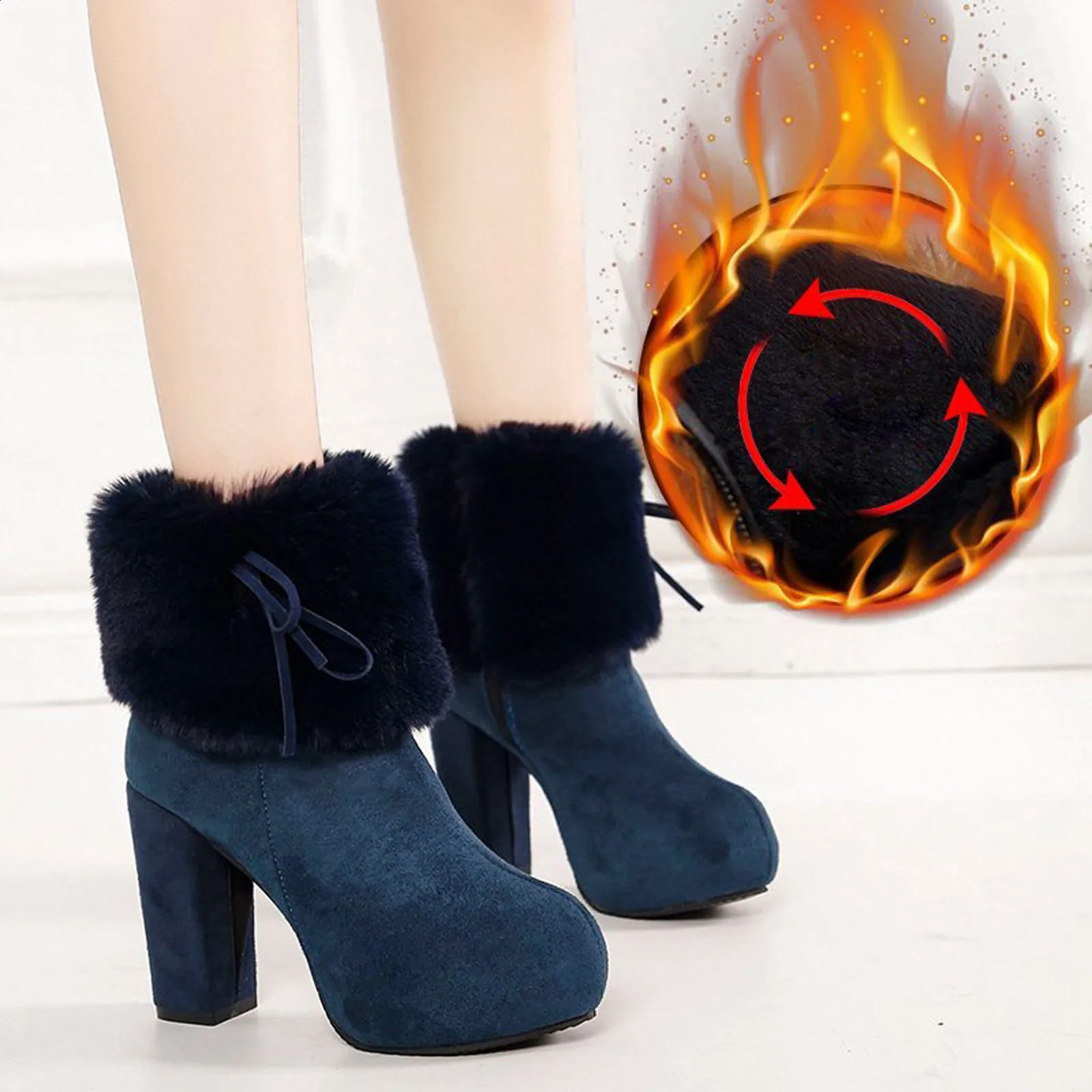 Retro womens warm winter square heel zipper comfortable short boots with round sole womens suede boots 240827