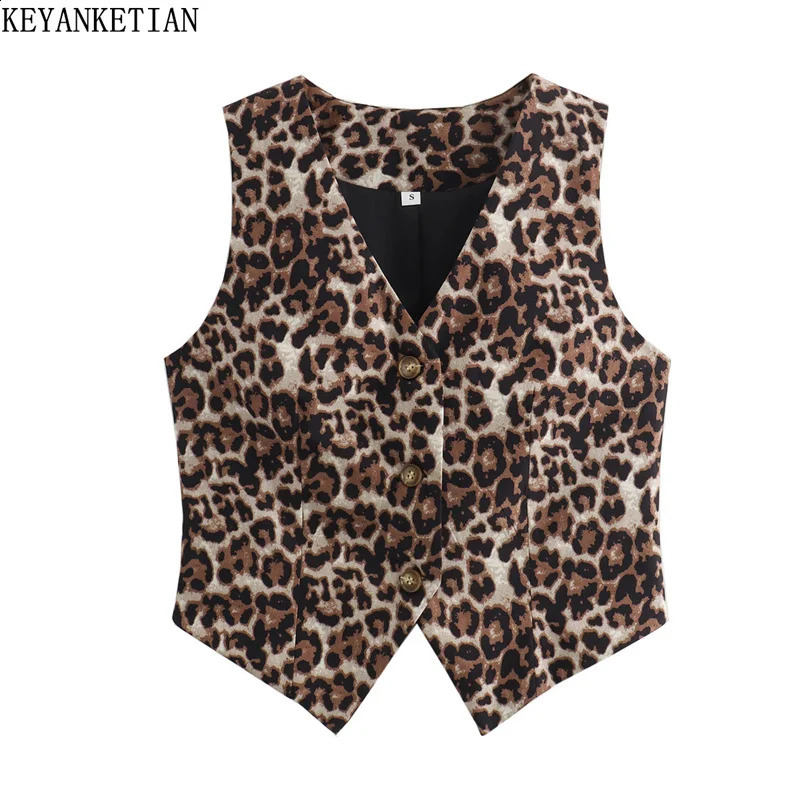 KEYANKETIAN womens leopard print short vest retro style summer button V-neck ultra-thin vest crop top 240828