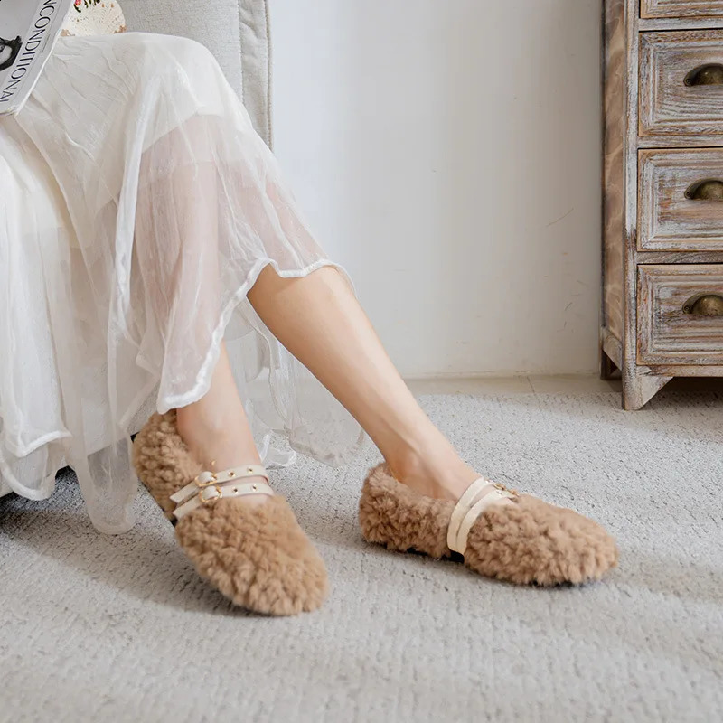 Wool fur winter shoes womens shoes slippers double river belts fur macasin 240827