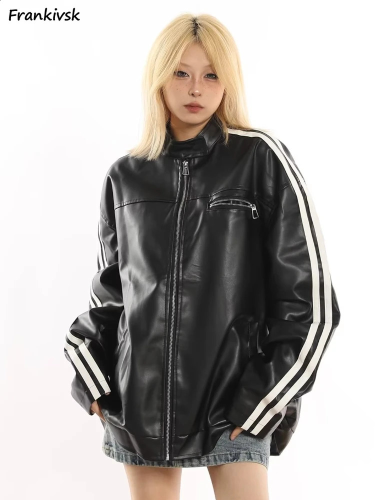 Womens Jacket Autumn American Retro Hip Hop Motorcycle Style Pu Leather Long Sleeve Contrastive Color Street Neutral 240827