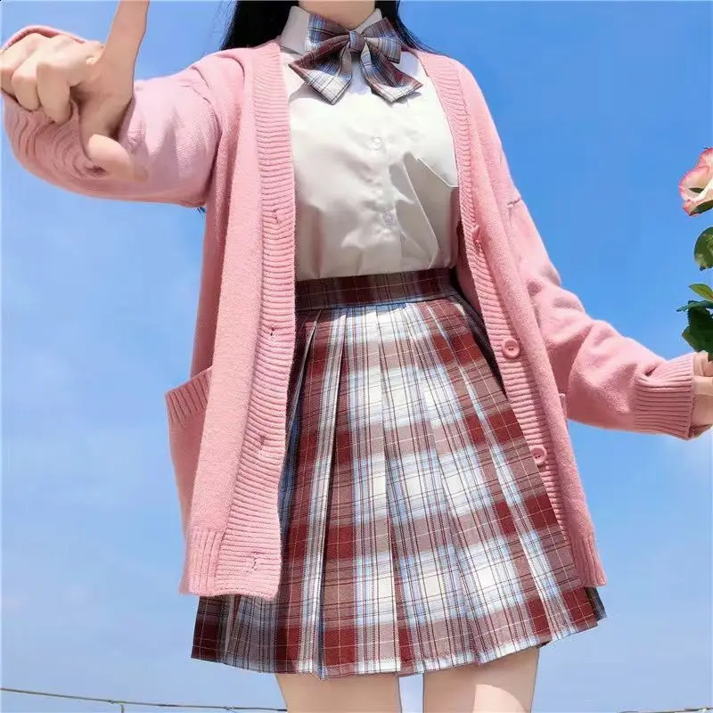 Japanese School Basic Sweater Autumn Kawaii Solid Vneck Loose Knitted Cardigan Preppy Style Uniform Cosplay 240819
