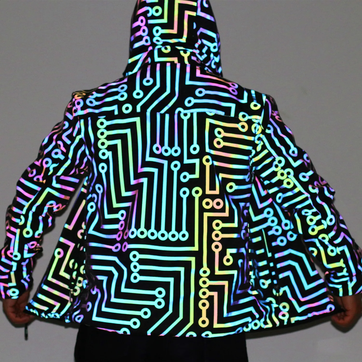 Geometric Circuit Colorful Reflective Jacket Men Women Street Casual Coat Hip Hop Punk Jackets 240815