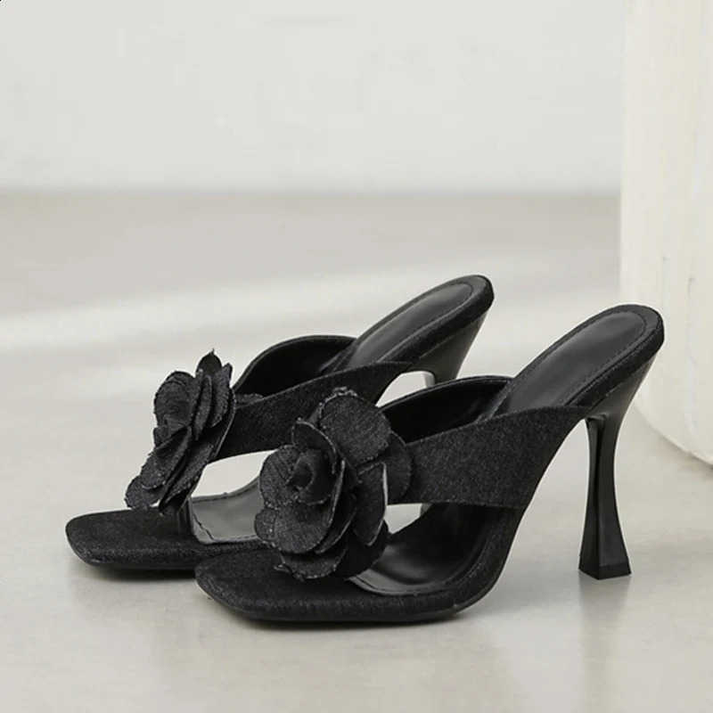 Liyke Outdoor Street Womens Sexy Square Toe 10.5CM Thin High Heels Modern Slippers Blue Denim Flower Summer Sandals 240827