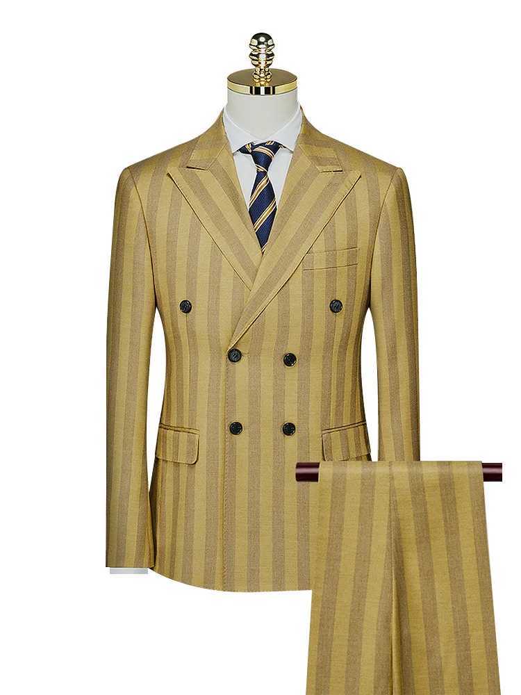 Double breasted mens suit yellow striped casual wedding dress spring/summer autumn Korean ultra-thin style business mens clothing daily wear M240828