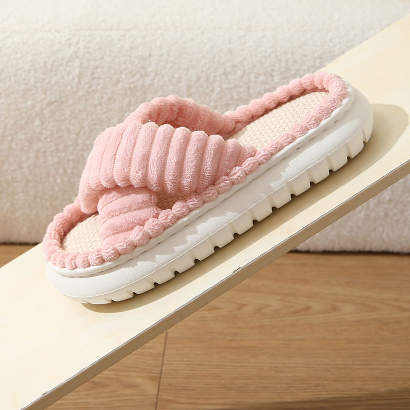 Cozy Chic Plush Platform Slippers - Easy Slip-On, Cross-Strap Design, Solid Color Comfort for Stylish Indoor Use