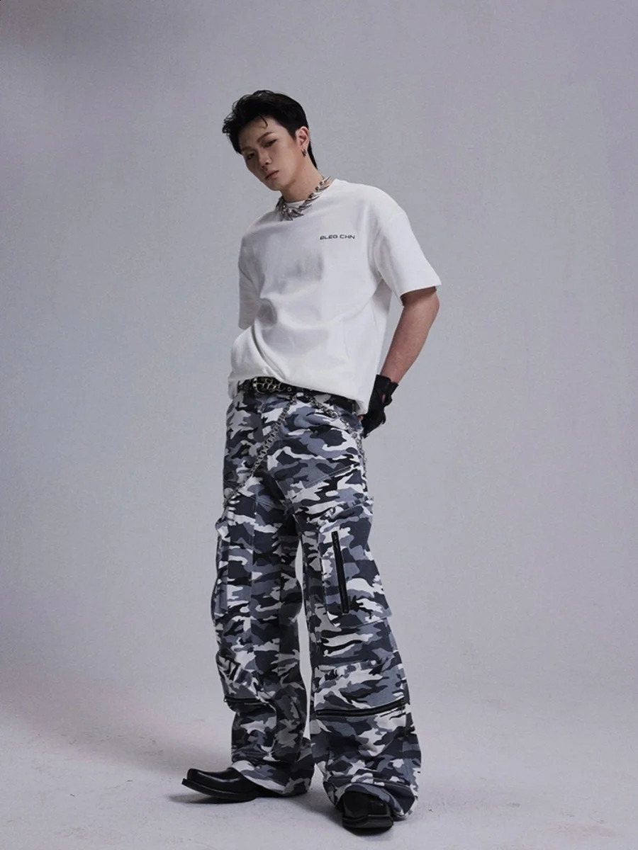 Camouflage zipper multi pocket casual pants summer retro workwear street mens Harajuku cargo 240827