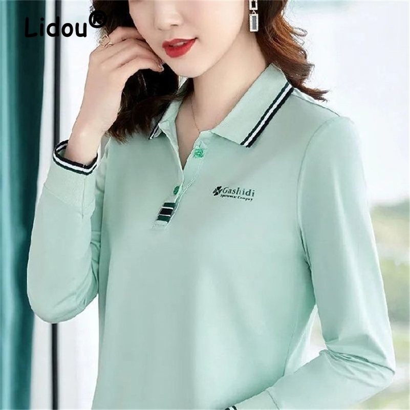 Womens clothing autumn fashion letter contrasting color polo shirt casual long sleeved ultra-thin sports T-shirt womens Y2K button top 240827