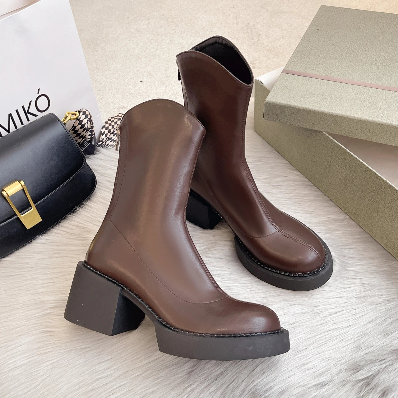 Ankle Boots for Women PU Leather Round Toe Behind Zipper High Heel Women Boot Fashion Concise Short Boots D103 240826