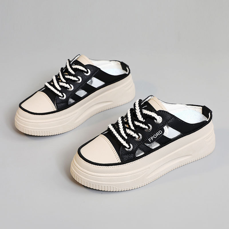 Ddmysports C New Half Trailer Summer Trend Hollowed Out Color Blocking Breathable Thick Sole Casual Height Increasing Board Shoes Slippers OUTDOOR
