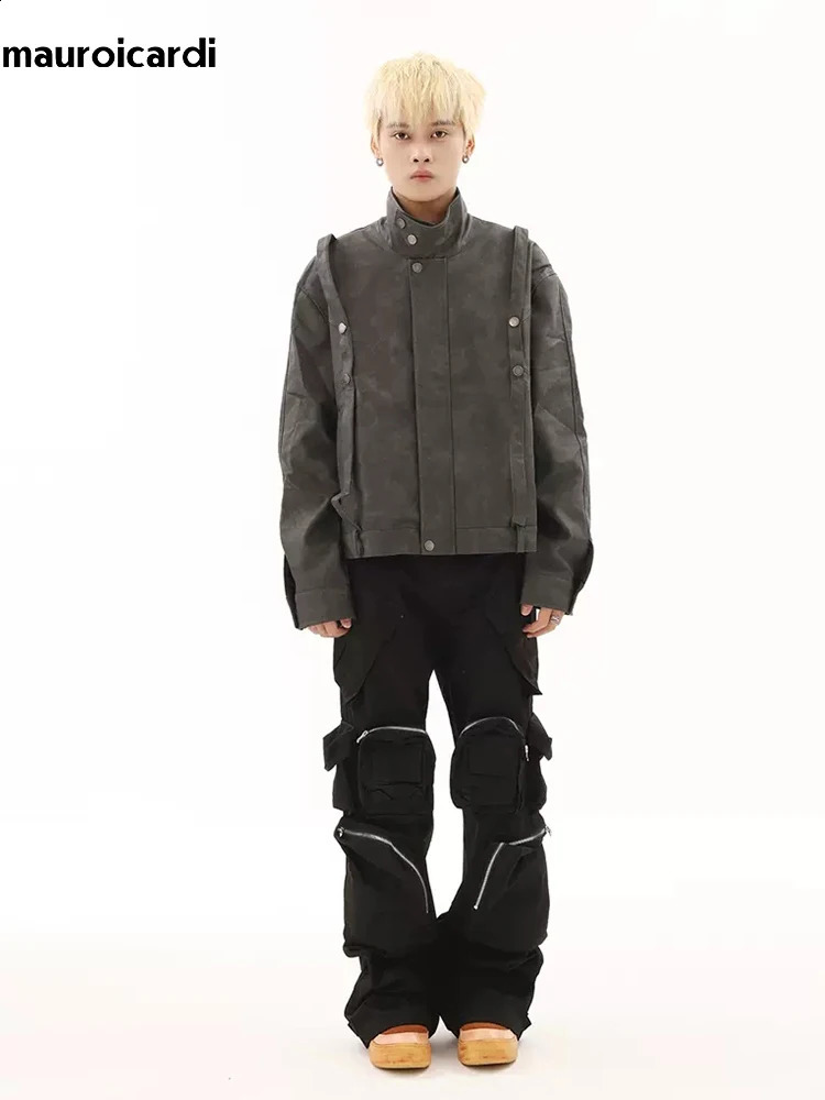 Mauroicardi Springautumn Black Mens Pants With Multiple Pockets Designer American Retro Street Clothing Runway Fashion