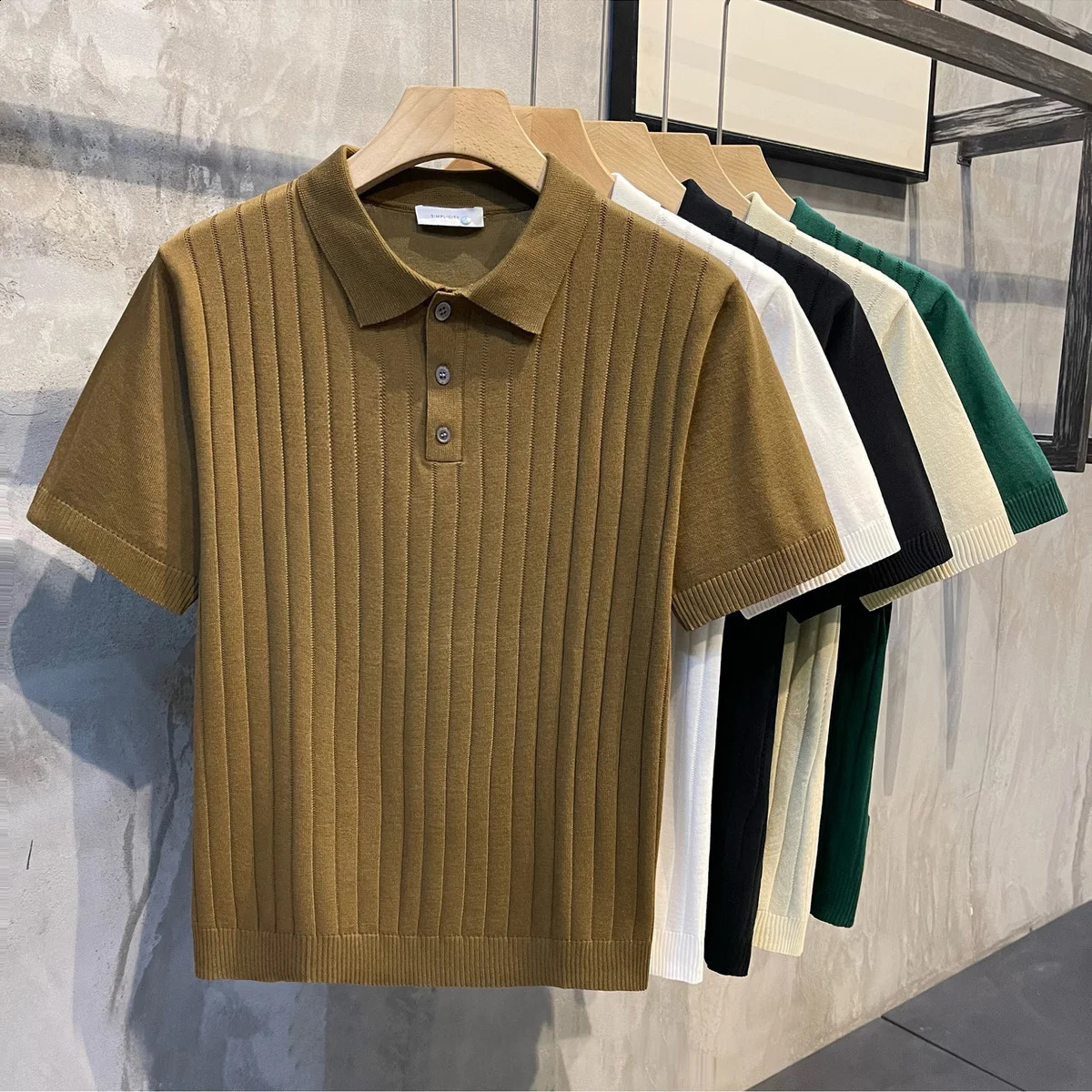 SpringSummer Retro Mens Loose Polo Neck Knitted Casual Jacquard Upright Shirt Top 240828
