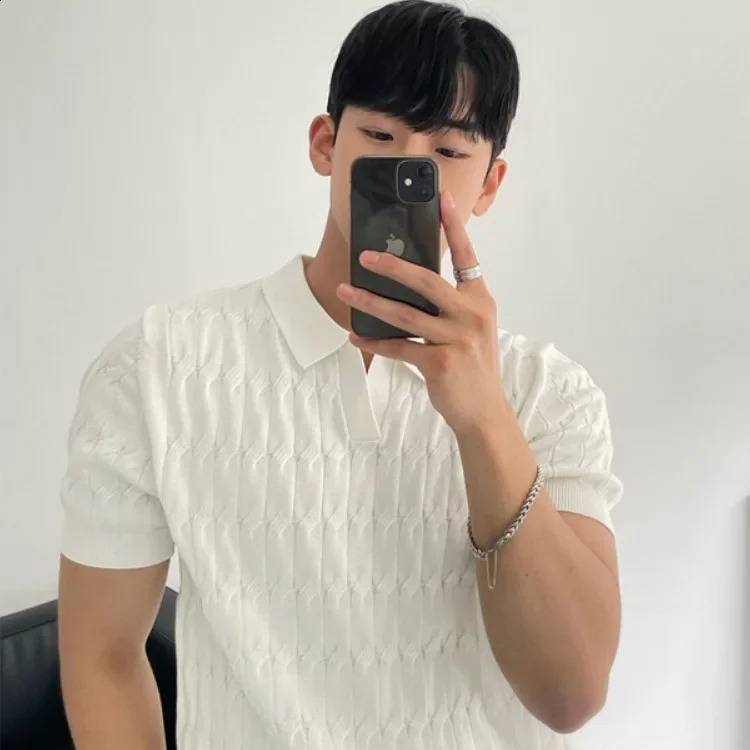 Summer highend felt polo shirt mens casual thin half sleeved knitted top weight loss effect Korean solid color fashion 240828