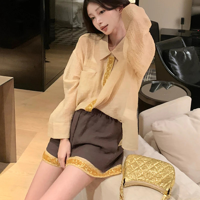 summer polo collar loose casual long sleeved womens set with contrasting patch work shorts two-piece set 240827