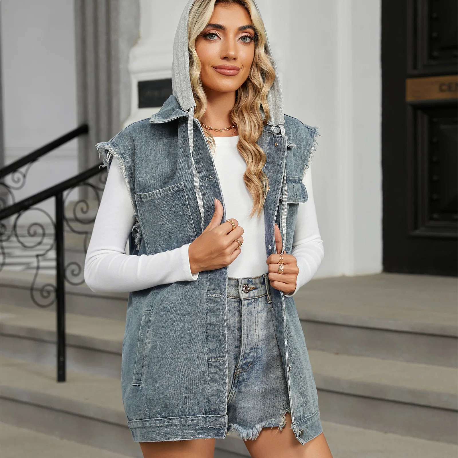 Fashionable detachable hooded denim womens sleeveless long sleeved jeans jacket casual womens clothing item 240828