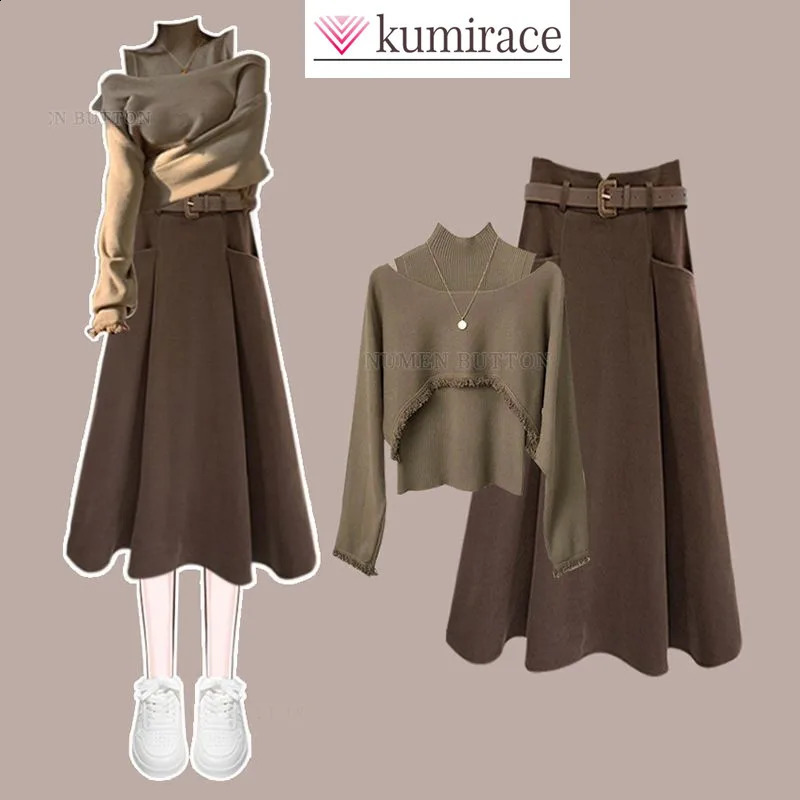 Autumn and Winter Fashion Womens Clothing Set Knitted Hoodie High Collar Tank Top Weight Loss Half Skirt Three Piece 240827