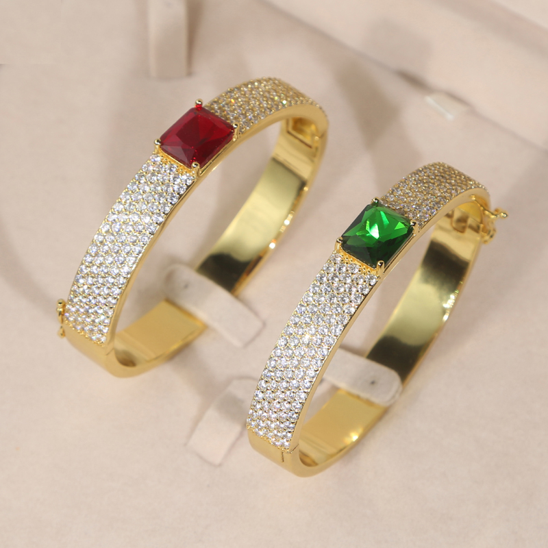 Bg Cz Wide Band for Women Paved Red Green Blue Zircon Gold Color Ice Out Bangle Bracelet Fashion Jewelry