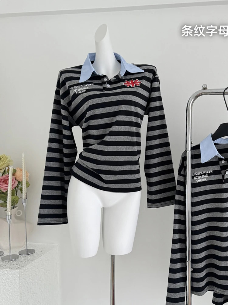 Autumn Womens Japanese Y2k Korean Fashion Polo Neck T-shirt Long Sleeve Striped T-shirt Gyaru Harajuku 2000s Aesthetic Cute 240827