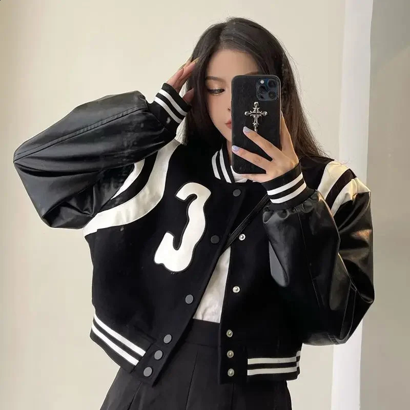 Womens black and white leather jacket with loose letter embroidery short and long punk style jacket American jacket bomber street 240827