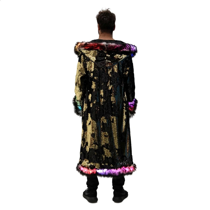 LED Costume Faux Fur Coat Long Hooded Flash Clothes Burning Man Clothing Mens 240828