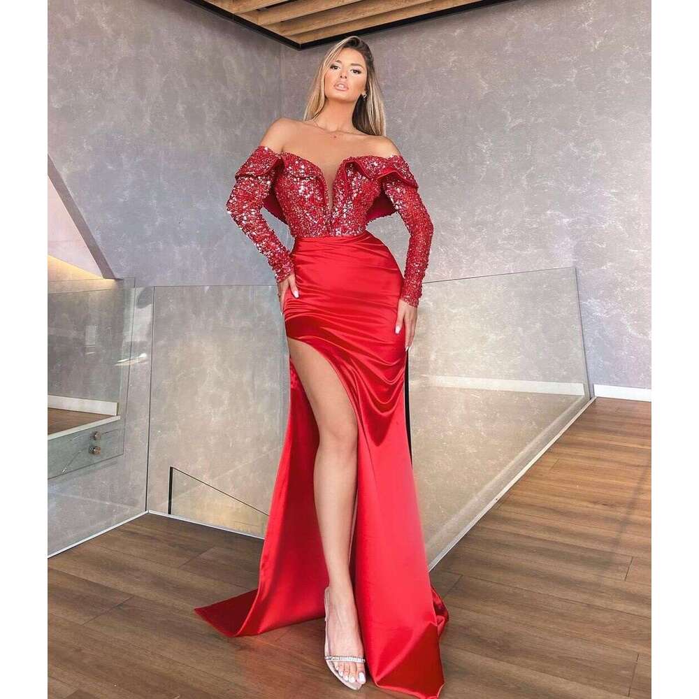 Sequins Sparkly Elegant Mermaid Dresses Long Sleeve Off The Shoulder High Split Women Party Night Gowns Custom Made