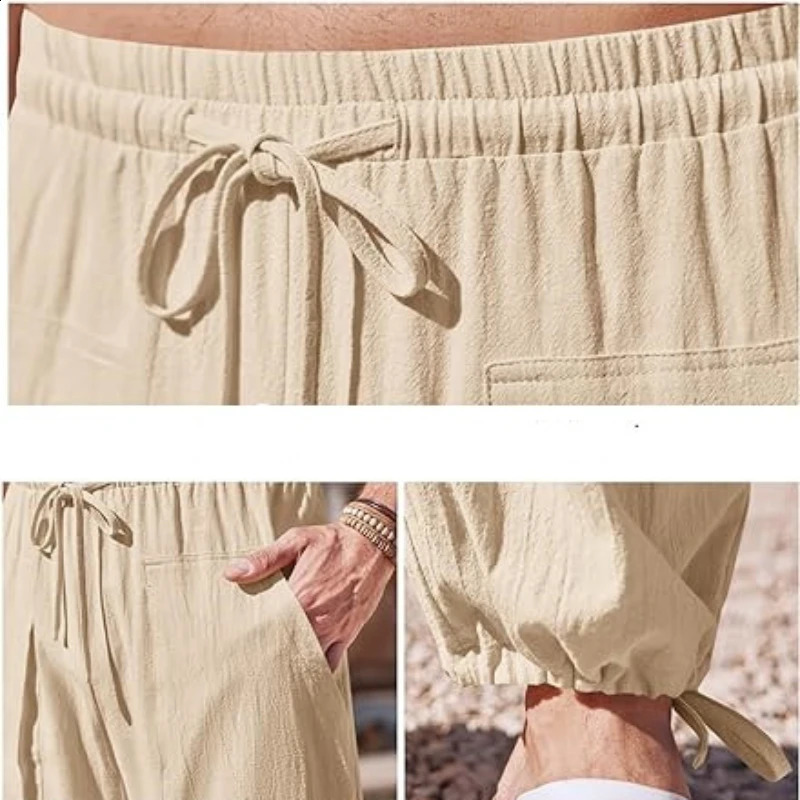 Mens summer linen loose drawstring long legs large-sized casual vacation pants thin straight leg pants 240828