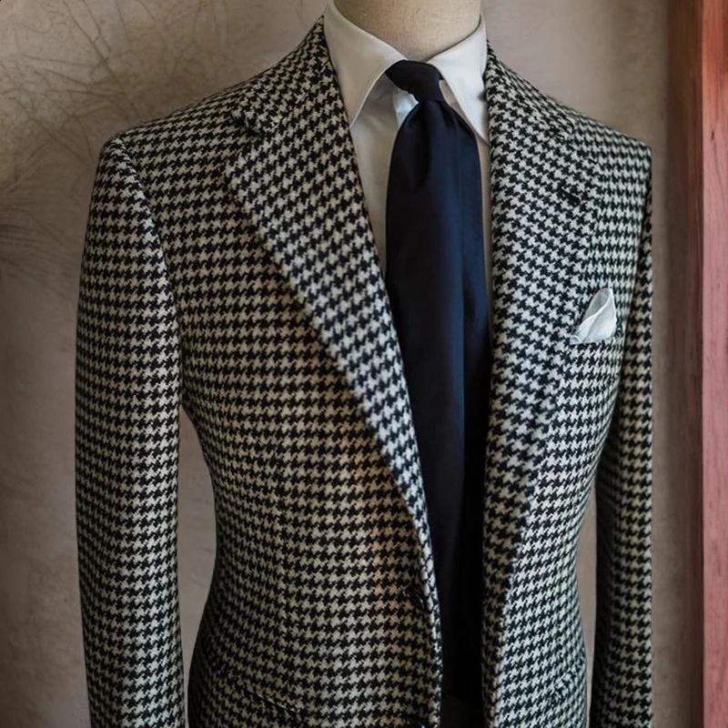 Houndstooth Business Blazer for Men Plaid Notched Lapel Suit Jacket Formal Male Fashion Coat 250122