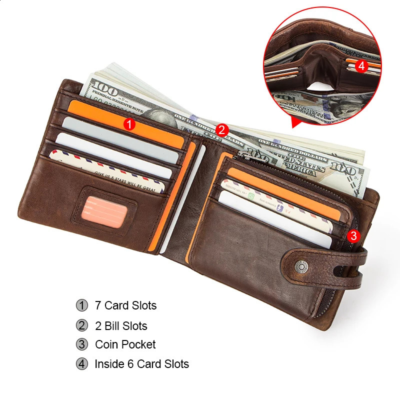 Mens Western Wallets Crazy Horse Short Wallet With Coin Purse, Hasp Closure, Cow Leather Clutch Carteiras - Ideal Everyday Carry New Free Delivery Des