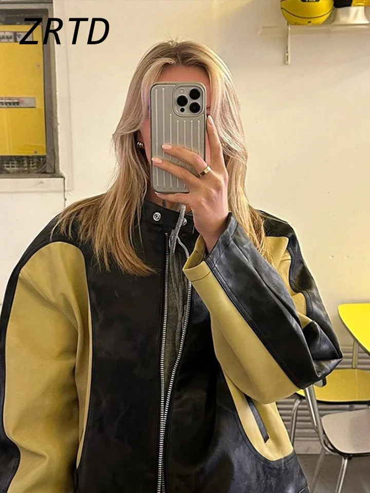 Fashion patch work womens leather jacket loose O-neck long sleeved zipper motorcycle jacket autumn womens comparison Y2K jacket 240827
