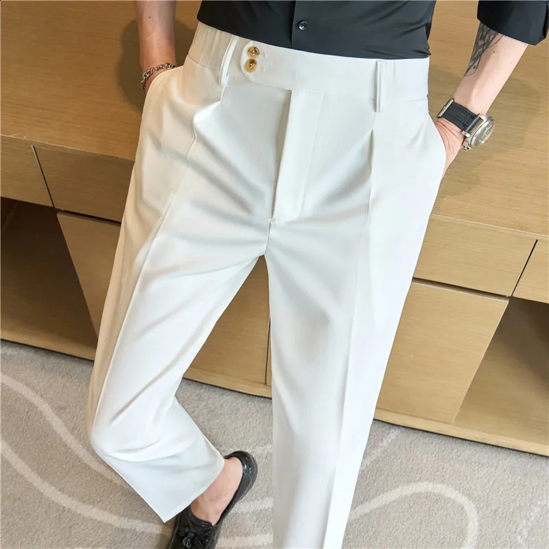 Naples Fashion Elastic Waist n Casual Mens Trouser High Quality Mens Trouser White Summer Mens Dress Pants Ankle Length 240828