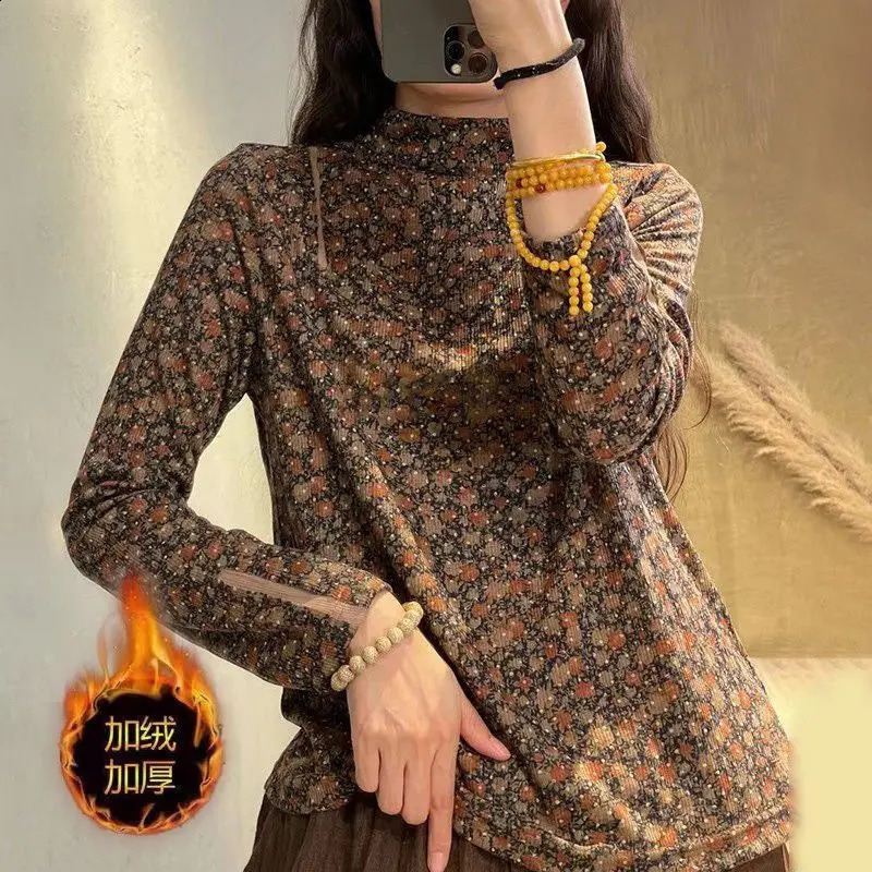 Autumn Womens Elegant Half Collar Flower Bottom Shirt Comfortable Casual Long Sleeve Tshirt 240827