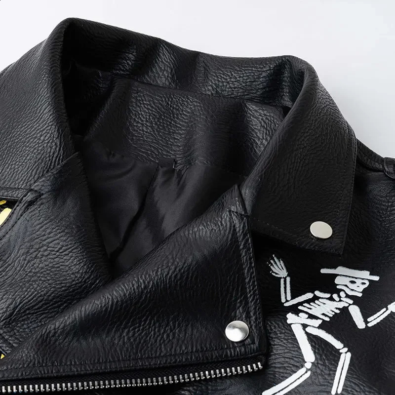 Contrast Graffiti Print womens and mens leather jackets streetwear punk style black faux leather motorcycle jacket 240827