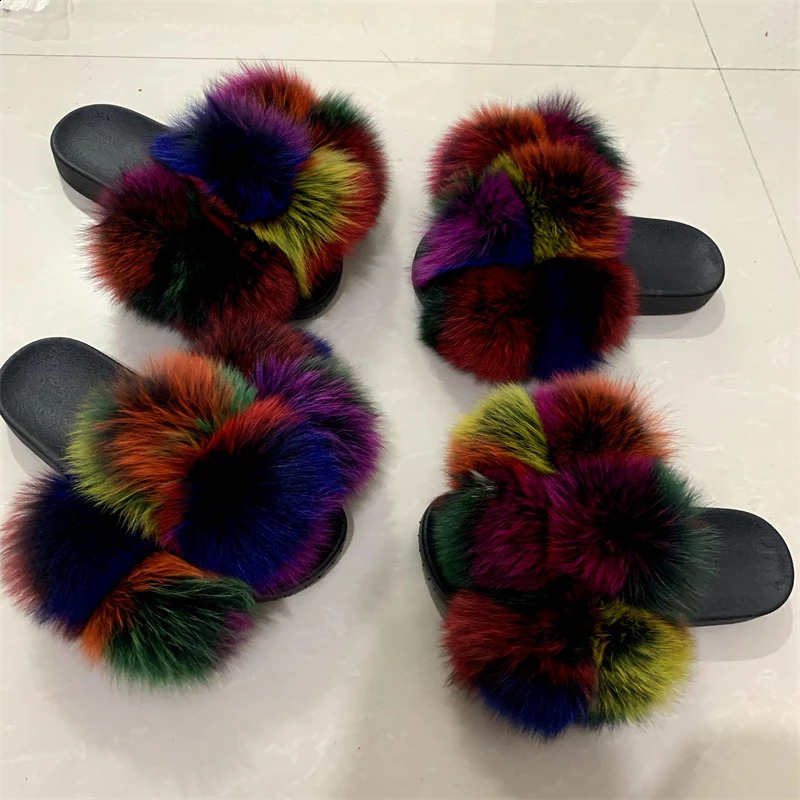 Fur slider factory supplies mixed color Pom six ball fox fur multi-color fluffy fur slider 240827