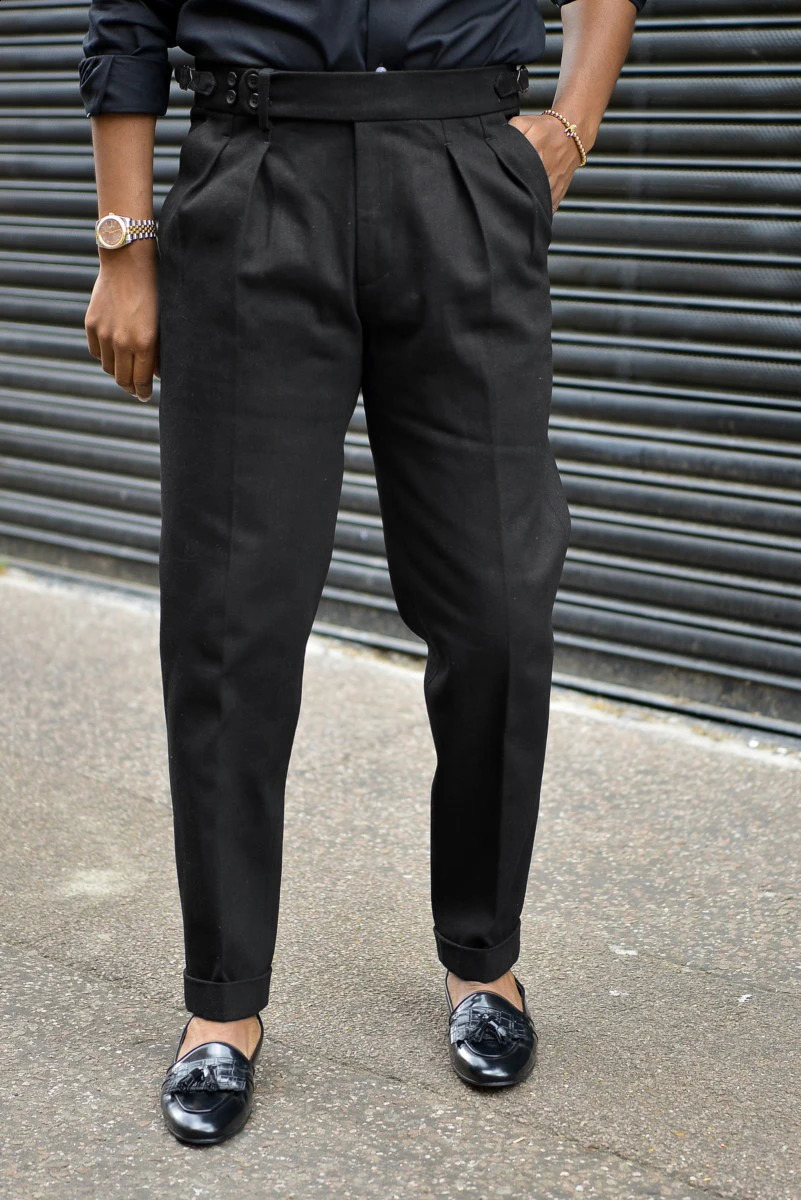 Italian Fashion Gurkha Pants Comfortable Stretch Black Wool Blended Pants Trouser Naples Trouser Extended Tab 240828