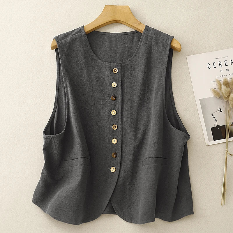 Cotton linen sleeveless solid color shirt jacket for womens spring and autumn literature loose plus size temperature circle 240828