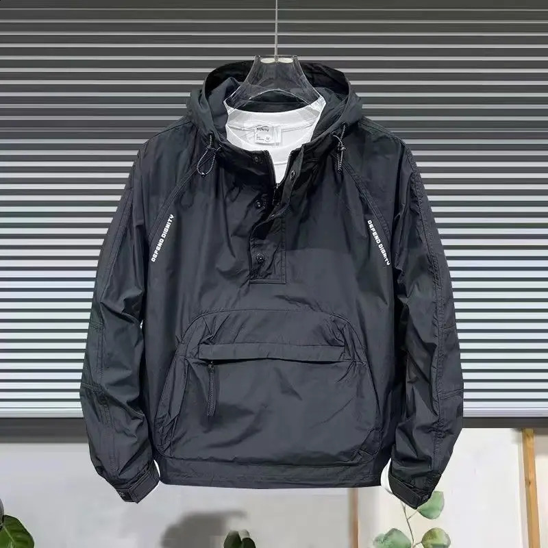 American workwear mens large pocket Raglan hooded jacket half zip zipper sweatshirt windproof casual loose 240827