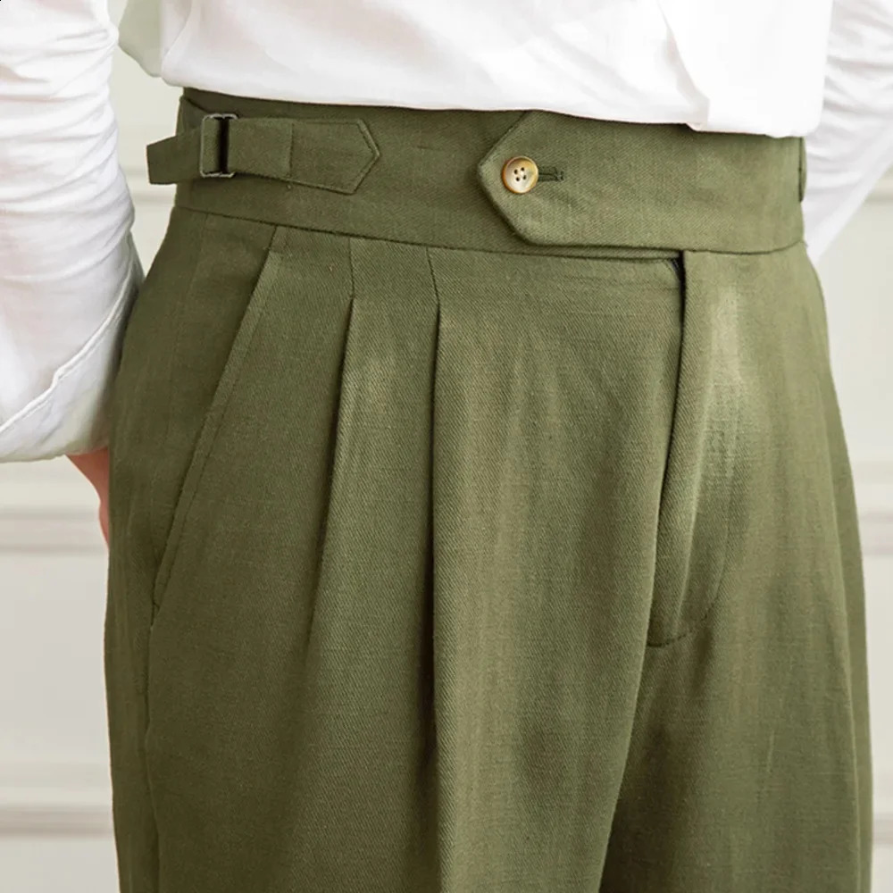 Linen cotton high waisted straight casual pants mens retro Naples gentleman pleated high-quality Italian dress Trouser 240828