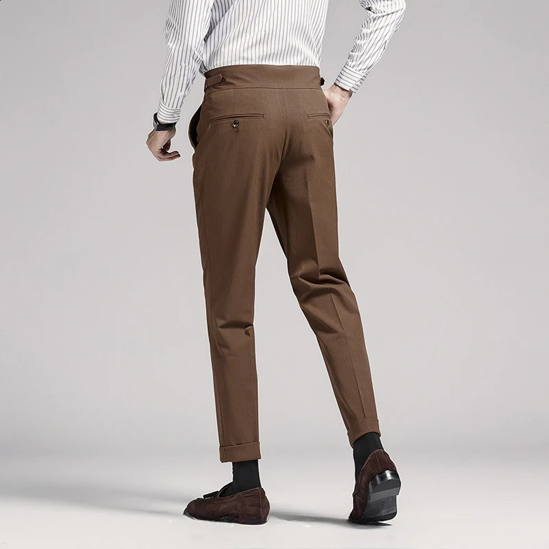 High end Neapolitan mens pants brown black British high waisted 9-point pants slim fit Trouser commercial formal social 240828