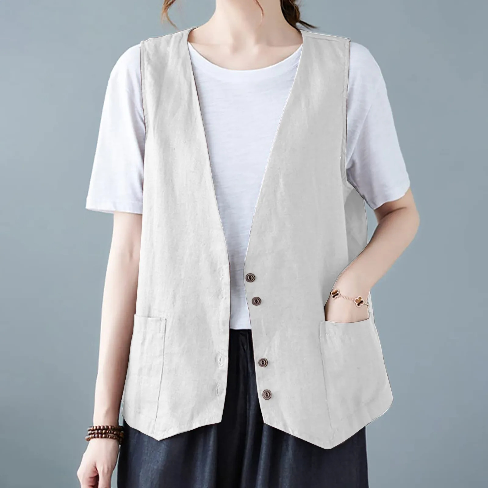 Cotton linen summer womens V-neck sleeveless vest womens Korean fashion elegant casual vest 240828