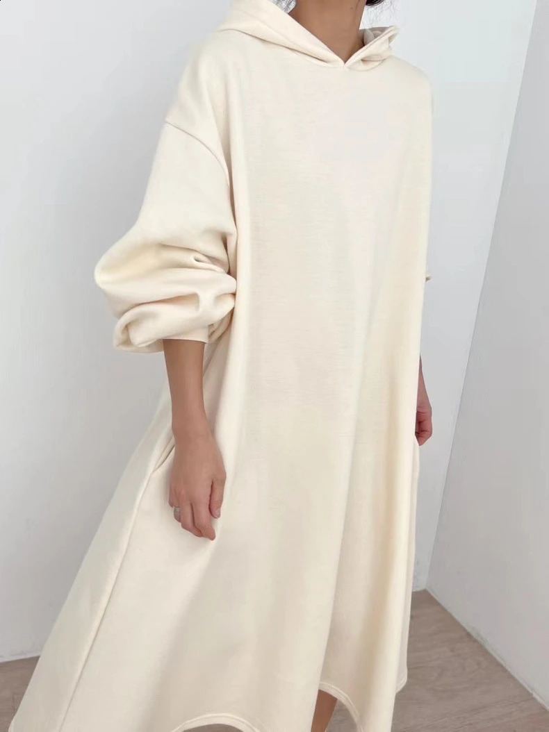 Womens split hoodie gray dress simple laser style brushed hood long arm length autumn and winter 240827